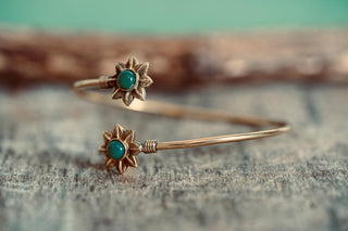 Brass Flower Bracelet Green Stones, Dainty Bangle for Women, Delicate Boho Bracelet