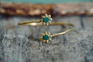 Brass Flower Bracelet Green Stones, Dainty Bangle for Women, Delicate Boho Bracelet