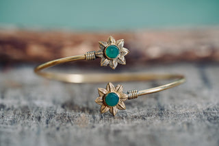 Brass Flower Bracelet Green Stones, Dainty Bangle for Women, Delicate Boho Bracelet