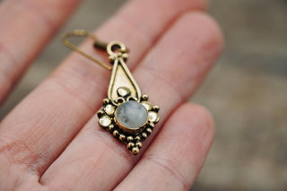 Boho Moonstone Drop Earrings – Vintage Style Brass Dangle Earrings – Ethnic Tribal Jewellery – Milky White Stone – Gift for Her