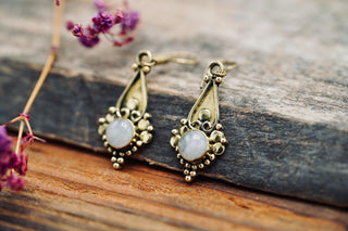 Boho Moonstone Drop Earrings – Vintage Style Brass Dangle Earrings – Ethnic Tribal Jewellery – Milky White Stone – Gift for Her