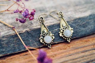 Boho Moonstone Drop Earrings – Vintage Style Brass Dangle Earrings – Ethnic Tribal Jewellery – Milky White Stone – Gift for Her