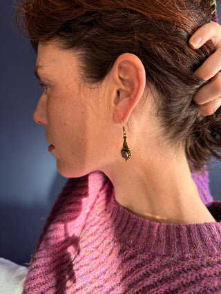 Boho Amethyst Dangle Earrings – Vintage Style Brass Dangle Earrings – Ethnic Tribal Jewellery – Purple Stone – Gift for Her