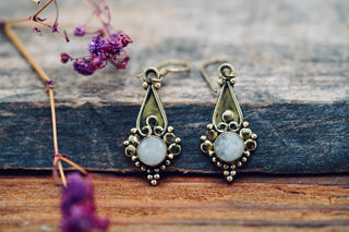 Boho Moonstone Drop Earrings – Vintage Style Brass Dangle Earrings – Ethnic Tribal Jewellery – Milky White Stone – Gift for Her