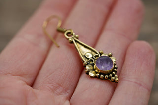 Boho Amethyst Dangle Earrings – Vintage Style Brass Dangle Earrings – Ethnic Tribal Jewellery – Purple Stone – Gift for Her