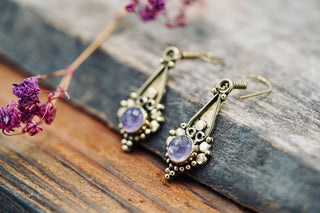 Boho Amethyst Dangle Earrings – Vintage Style Brass Dangle Earrings – Ethnic Tribal Jewellery – Purple Stone – Gift for Her