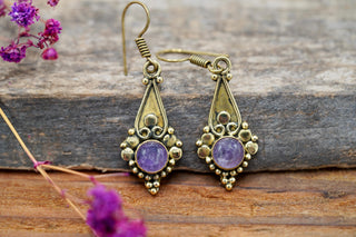 Boho Amethyst Dangle Earrings – Vintage Style Brass Dangle Earrings – Ethnic Tribal Jewellery – Purple Stone – Gift for Her