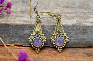 Boho Amethyst Dangle Earrings – Vintage Style Brass Dangle Earrings – Ethnic Tribal Jewellery – Purple Stone – Gift for Her