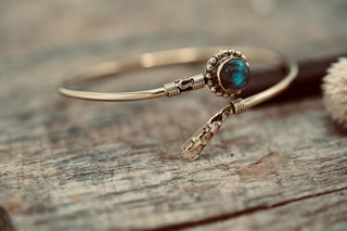 Labradorite Brass Bangle Bracelet – Boho Cuff with Blue Flash Gemstone – Adjustable Statement Jewellery Gift for Her