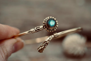 Labradorite Brass Bangle Bracelet – Boho Cuff with Blue Flash Gemstone – Adjustable Statement Jewellery Gift for Her