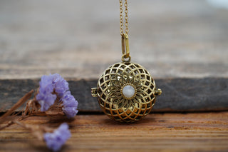 Gold Bola Necklace Brass & Moonstone / Pregnancy / Harmony Ball / Chimes / Steel Chain / Bell / Vegan / Ethnic / Boho / Hippie / Rustic /