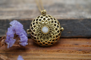 Gold Bola Necklace Brass & Moonstone / Pregnancy / Harmony Ball / Chimes / Steel Chain / Bell / Vegan / Ethnic / Boho / Hippie / Rustic /