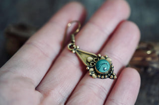 Boho Turquoise Dangle Earrings – Vintage Style Brass Dangle Earrings – Ethnic Tribal Jewellery – Black Stone – Gift for Her