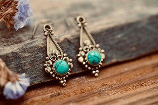 Boho Turquoise Dangle Earrings – Vintage Style Brass Dangle Earrings – Ethnic Tribal Jewellery – Black Stone – Gift for Her