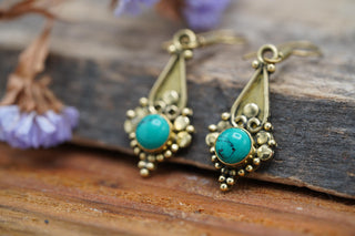 Boho Turquoise Dangle Earrings – Vintage Style Brass Dangle Earrings – Ethnic Tribal Jewellery – Black Stone – Gift for Her