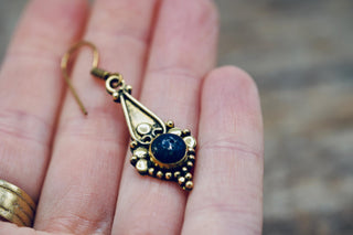 Boho Lapis Lazuli Dangle Earrings – Vintage Style Brass Dangle Earrings – Ethnic Tribal Jewellery – Blue Stone – Gift for Her