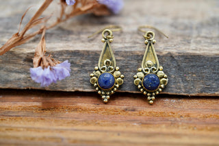 Boho Lapis Lazuli Dangle Earrings – Vintage Style Brass Dangle Earrings – Ethnic Tribal Jewellery – Blue Stone – Gift for Her