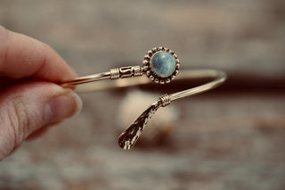 Moonstone Brass Bangle Bracelet – Boho Cuff with White Gemstone – Adjustable Statement Jewellery Gift for Her