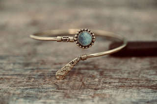 Moonstone Brass Bangle Bracelet – Boho Cuff with White Gemstone – Adjustable Statement Jewellery Gift for Her