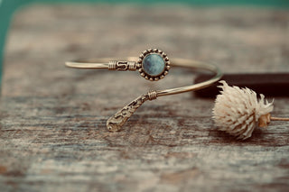 Moonstone Brass Bangle Bracelet – Boho Cuff with White Gemstone – Adjustable Statement Jewellery Gift for Her