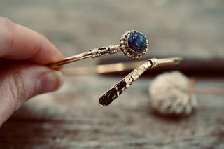 Lapis Lazuli Brass Bangle Bracelet – Boho Cuff with White Gemstone – Adjustable Statement Jewellery Gift for Her