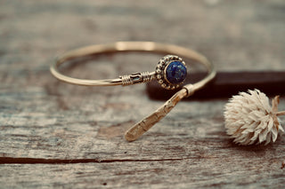Lapis Lazuli Brass Bangle Bracelet – Boho Cuff with White Gemstone – Adjustable Statement Jewellery Gift for Her
