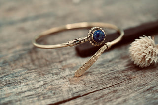 Lapis Lazuli Brass Bangle Bracelet – Boho Cuff with White Gemstone – Adjustable Statement Jewellery Gift for Her