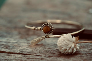 Tiger's Eye Brass Bangle Bracelet – Boho Cuff with White Gemstone – Adjustable Statement Jewellery Gift for Her