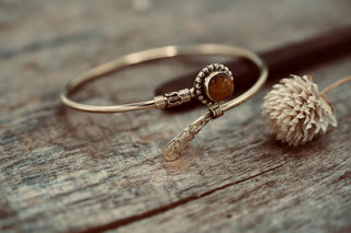 Tiger's Eye Brass Bangle Bracelet – Boho Cuff with White Gemstone – Adjustable Statement Jewellery Gift for Her