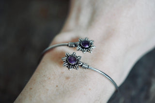 Silver Flower Bracelet with Amethyst, Dainty Bangle for Women, Delicate Boho Bracelet