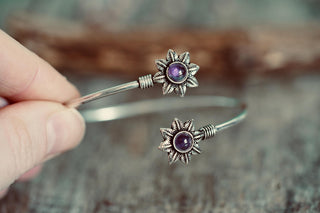 Silver Flower Bracelet with Amethyst, Dainty Bangle for Women, Delicate Boho Bracelet