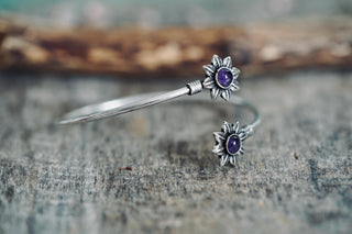 Silver Flower Bracelet with Amethyst, Dainty Bangle for Women, Delicate Boho Bracelet