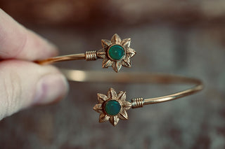 Brass Flower Bracelet Green Stones, Dainty Bangle for Women, Delicate Boho Bracelet