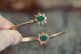 Brass Flower Bracelet Green Stones, Dainty Bangle for Women, Delicate Boho Bracelet