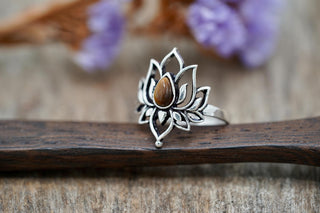Silver Lotus Flower Ring Tiger's Eye, Non Tarnish, Silver Boho Ring, Women's Silver Flower Ring