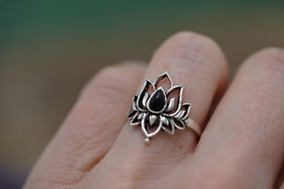 Silver Lotus Flower Ring Tiger's Eye, Non Tarnish, Silver Boho Ring, Women's Silver Flower Ring