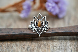 Silver Lotus Flower Ring Tiger's Eye, Non Tarnish, Silver Boho Ring, Women's Silver Flower Ring