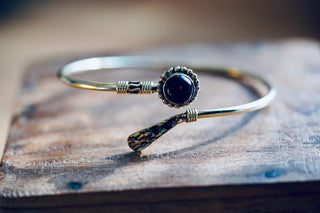 Amethyst Brass Bangle Bracelet – Boho Cuff with Purple Gemstone – Adjustable Statement Jewellery Gift for Her