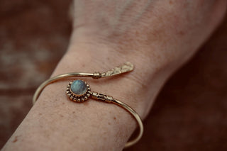 Labradorite Brass Bangle Bracelet – Boho Cuff with Blue Flash Gemstone – Adjustable Statement Jewellery Gift for Her