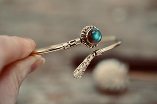 Labradorite Brass Bangle Bracelet – Boho Cuff with Blue Flash Gemstone – Adjustable Statement Jewellery Gift for Her