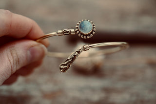 Moonstone Brass Bangle Bracelet – Boho Cuff with White Gemstone – Adjustable Statement Jewellery Gift for Her