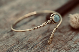 Moonstone Brass Bangle Bracelet – Boho Cuff with White Gemstone – Adjustable Statement Jewellery Gift for Her