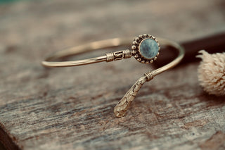Moonstone Brass Bangle Bracelet – Boho Cuff with White Gemstone – Adjustable Statement Jewellery Gift for Her