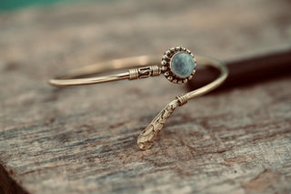 Moonstone Brass Bangle Bracelet – Boho Cuff with White Gemstone – Adjustable Statement Jewellery Gift for Her