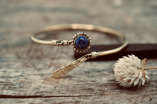 Lapis Lazuli Brass Bangle Bracelet – Boho Cuff with White Gemstone – Adjustable Statement Jewellery Gift for Her