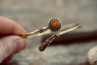 Tiger's Eye Brass Bangle Bracelet – Boho Cuff with White Gemstone – Adjustable Statement Jewellery Gift for Her