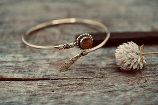 Tiger's Eye Brass Bangle Bracelet – Boho Cuff with White Gemstone – Adjustable Statement Jewellery Gift for Her