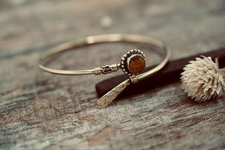 Tiger's Eye Brass Bangle Bracelet – Boho Cuff with White Gemstone – Adjustable Statement Jewellery Gift for Her