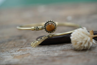 Tiger's Eye Brass Bangle Bracelet – Boho Cuff with White Gemstone – Adjustable Statement Jewellery Gift for Her