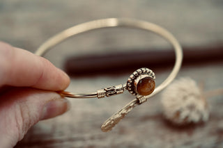 Tiger's Eye Brass Bangle Bracelet – Boho Cuff with White Gemstone – Adjustable Statement Jewellery Gift for Her